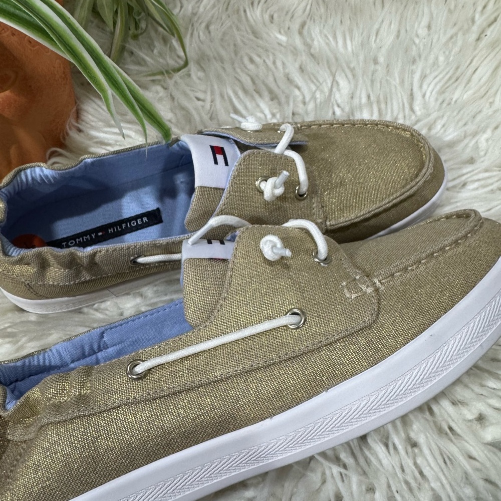 New🌿 Tommy Hilfiger WMNs Lace-up Slip-On Gold Shimmer Preppy Boat Shoes
